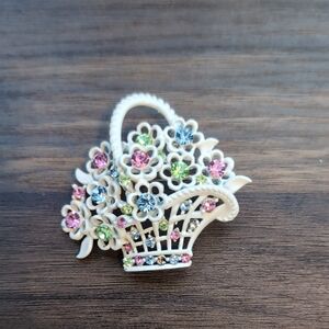 Vintage Floral Basket Brooch with Multicolor Crystals